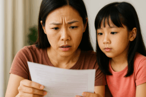 A Singaporean Chinese mother helping her daughter with homework at a study desk, both smiling.