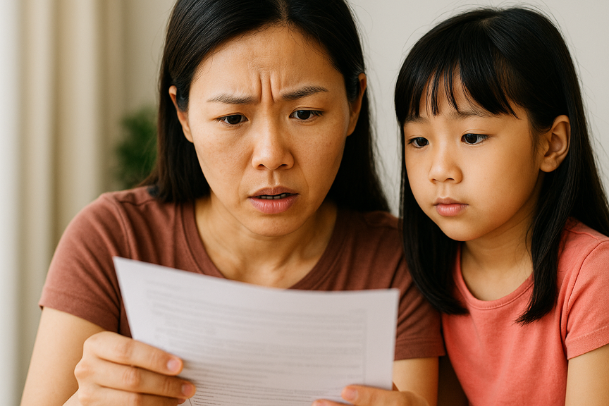 A Singaporean Chinese mother helping her daughter with homework at a study desk, both smiling.