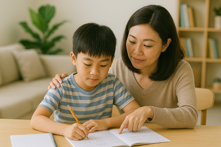 Mother and child studying
