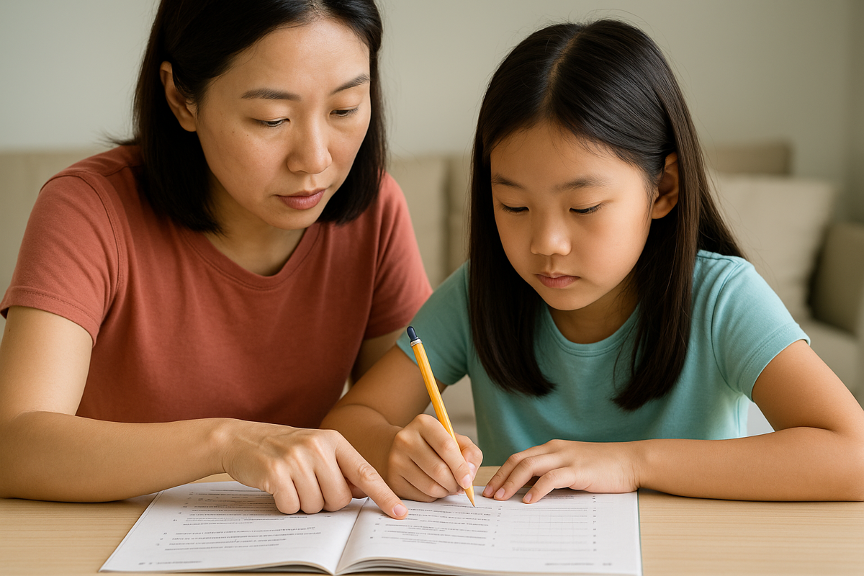 A mother and father discussing over a laptop while the child does homework nearby.