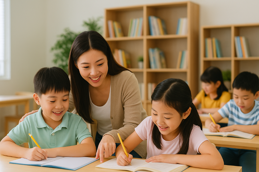Cheerful after-school classroom / student care centre setting with kids studying and a caring tutor guiding them.